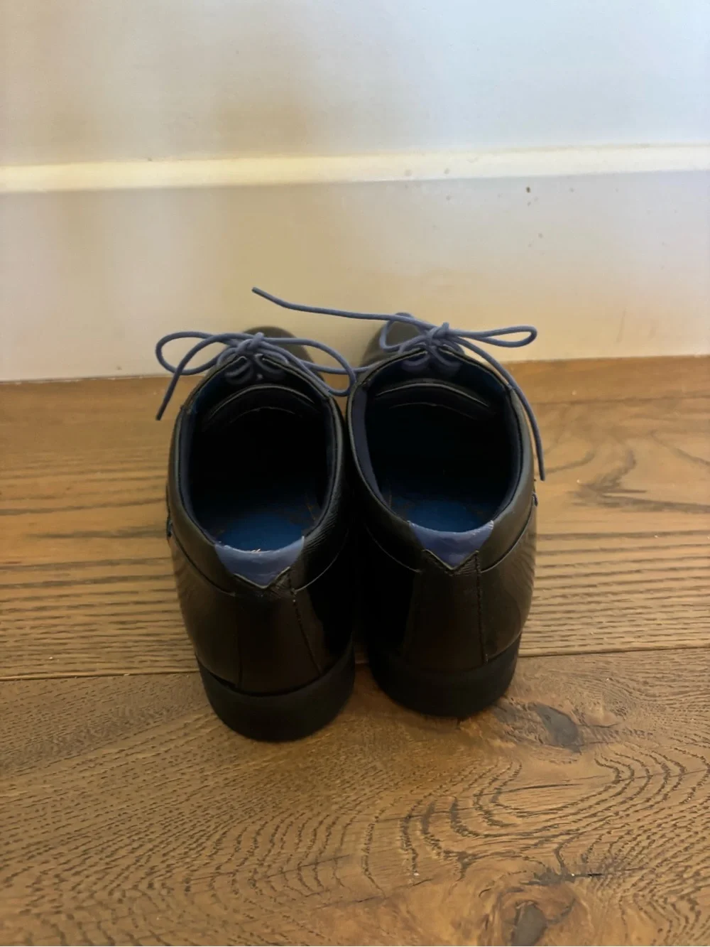 Ted Baker London Black Patent Cap-Toe Oxfords with blue Laces